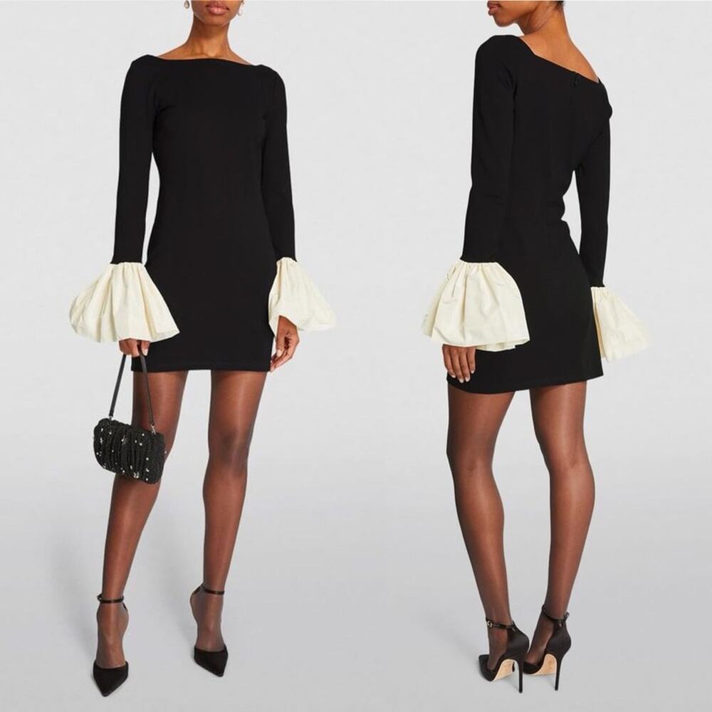 STAUD Black Long Sleeve Mini Dress with White Bell Cuffs - Picture 12 of 14
